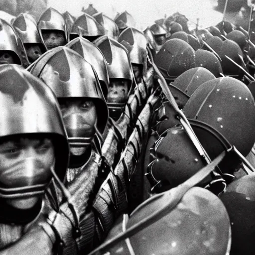 Image similar to a photo taken on a phone of a group of pike men wearing helmets getting ready to charge into battle.