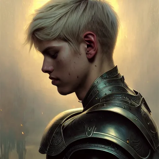 Image similar to portrait painting of a young melancholic man with a soft face and short light blonde hair wearing armor, ultra realistic, concept art, intricate details, eerie, highly detailed, photorealistic, octane render, 8 k, unreal engine. art by artgerm and greg rutkowski and charlie bowater and magali villeneuve and alphonse mucha