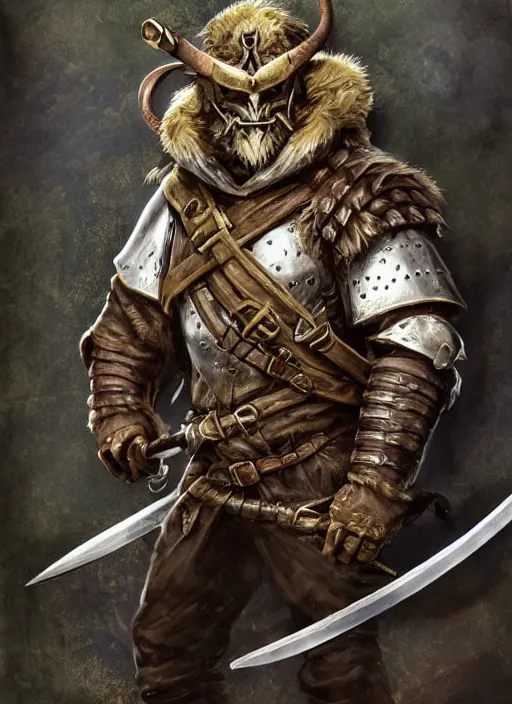 Image similar to strong young man, photorealistic bugbear ranger holding aflaming sword, black beard, dungeons and dragons, pathfinder, roleplaying game art, hunters gear, jeweled ornate leather and steel armour, concept art, character design on white background, by alan lee, norman rockwell, makoto shinkai, kim jung giu, poster art, game art