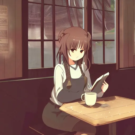 Prompt: a young woman reading a book in a cozy coffee shop, anime key visual, anime screenshot, artstation, studio ghibli