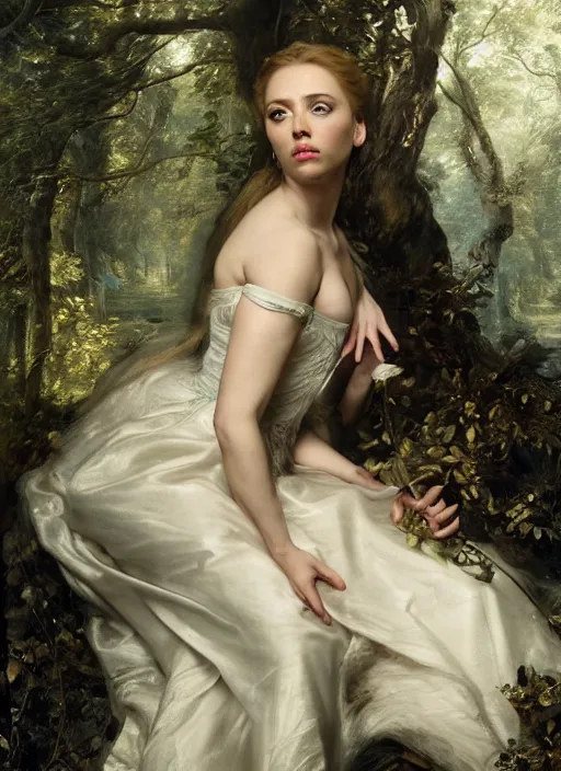 Prompt: Beautiful elsa, Looks like Scarlett Johansson, In the woods, Dramatic, Edge, Good, Infused, Backlight, De-Noise, VFX, insanely detailed and intricate, hypermaximalist, facial ,elegant, ornate, hyper realistic, super detailed, by Anthony Van Dyck, by Ivan Shishkin, by John Constable