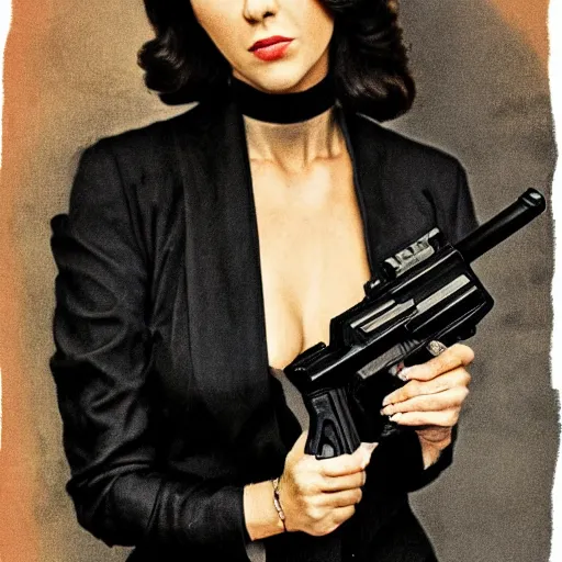 Prompt: hot spy woman wearing a black dress with a gun in her hand