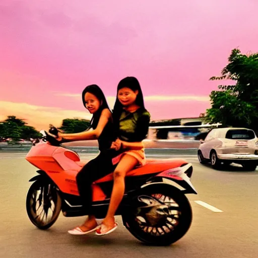 Image similar to “buzz cut, Vietnamese girl riding a motorbike through the city, photograph, beautiful, sunset”