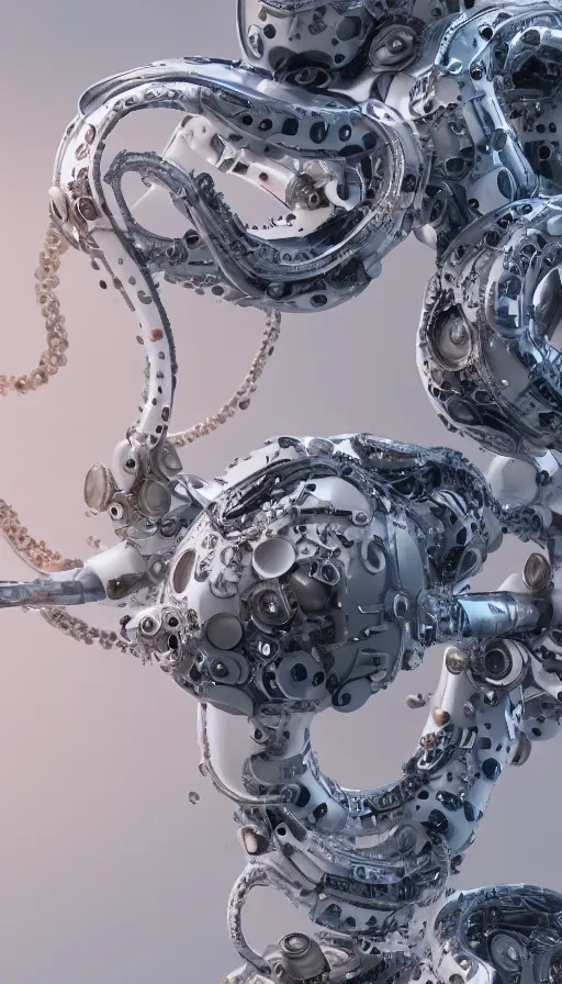 Prompt: a single bio mechanical tentacle, robotic but also organic, made up of lots of small parts, wet, shiny, horror, clinical, octane render, 8k, hyper realistic, super detailed