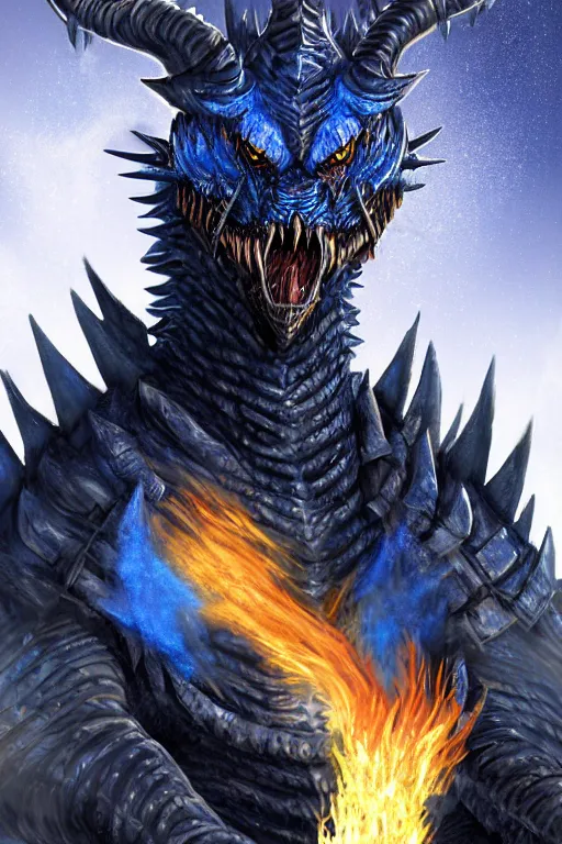 Image similar to a dark blue dragonborn with large tusks, half of his face flaming with blue flame, he wears a black dragon scales armor, digital art