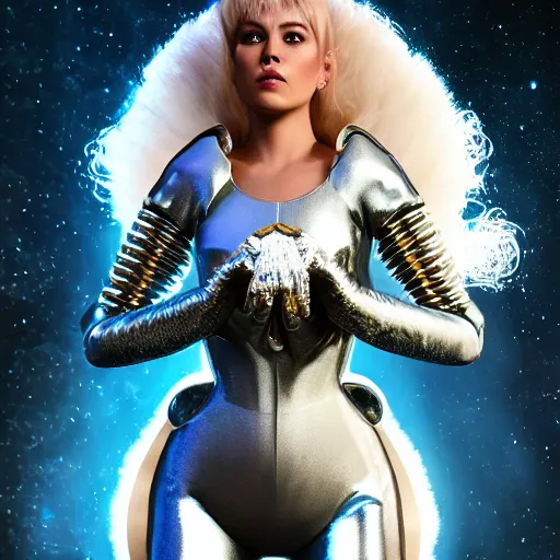 Image similar to portrait of barbarella queen of the galaxy, silver space suit, intricate, bloom, detailed, volumetric lighting, sharp focus, photorealism, highly detailed, concept art, unreal engine 5 rendered, octane rendered, art style by klimt and nixeu and ian sprigger and wlop and krenz cushart