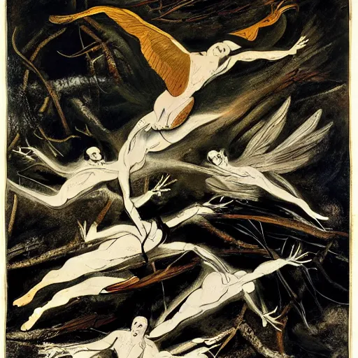 Image similar to by john james audubon, by jackson pollock flowing. a body art of a winged creature, flying high above a group of people in a dark, wooded area. the creature's wings are spread wide & its head is turned upwards, looking towards the sky. people below looking up at creature awe & fear.