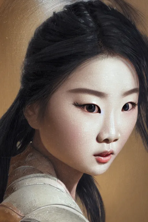 Prompt: realistic detailed painting of Mulan, big eyes, wearing sculpted textured armor, battle damage, intricate complexity, close-up of the front of the face, resolute expression, back lighting, 4K resolution, symmetric, clear facial features, by Ruan Jia and Mandy Jurgens and William-Adolphe Bouguereau, Karol Bak, smooth, sharp focus, Unreal Engine 5, digital render, intricate, ultra realistic, concept art,