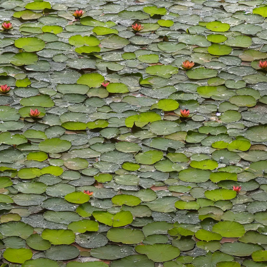 Prompt: a pond with lotus flowers and leaves through frosted glass with raindrops, photorealistic