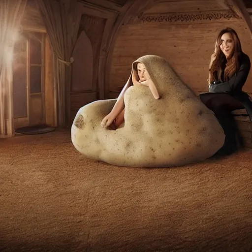 Prompt: elizabeth olsen sitting in a hollowed out potato, elizabeth olsen in a potato suit, on the walkway