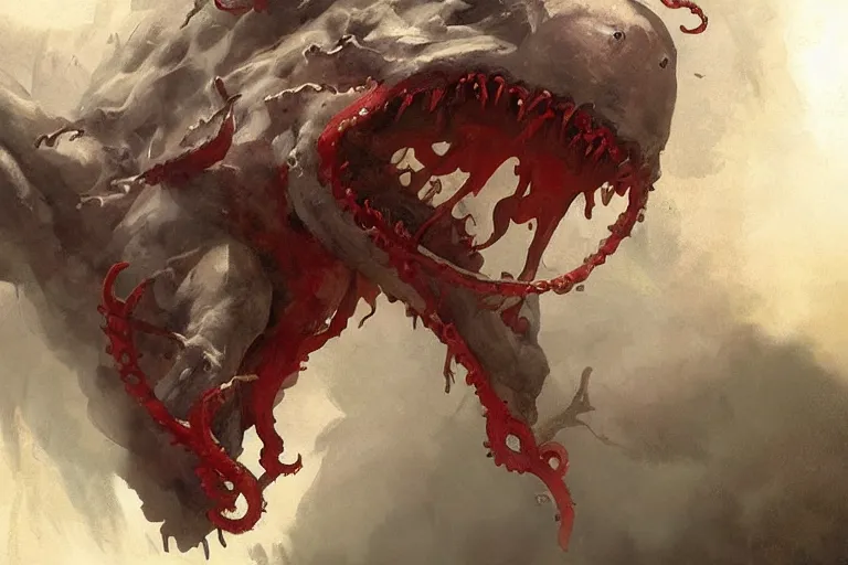 Prompt: painting by greg rutkowski of a flying chalk white head and face, with tentacles coming of the neck, red eyes, flying in a terrying hell like cavernous place