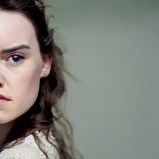 Prompt: a still of daisy ridley a beautiful model looking off into the distance, wavy medium - length brown hairs, jedi dress, beautiful green eyes, medium shot, with a soft, natural light falling on her face. the focus is on her eyes and brows, which are perfectly shaped and well - defined. by annie leibowitz