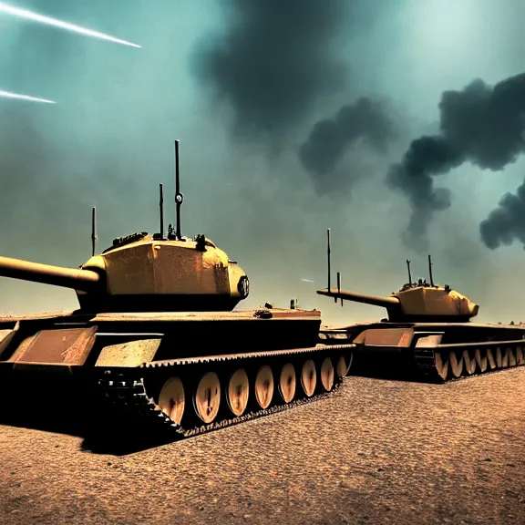 Image similar to atompunk tanks doing battle, 4 k, hdr, smooth, sharp focus, high resolution, award - winning photo