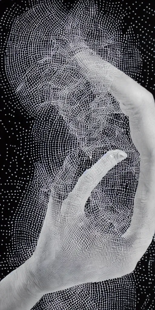 Image similar to peter de jong attractors morphing into a human hand, vhs footage