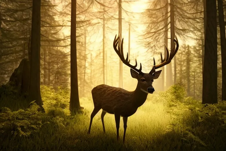 Image similar to a close up of the head of a deer with bright gold eyes in the foreground, background of a landscape misty forest scene, the sun glistening through the trees, hyper realistic photograph, octane render 8k, trending on artstation, unreal engine
