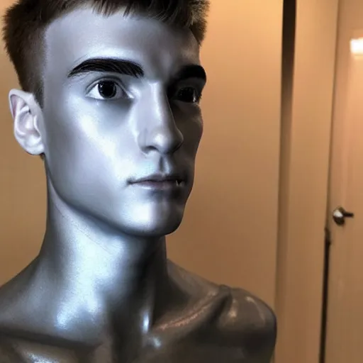 Image similar to “a realistic detailed photo of a guy who is an attractive humanoid who is half robot and half humanoid, who is a male android, twitch streamer Ninja Tyler Blevins, shiny skin, posing like a statue, blank stare, bedroom, close up”