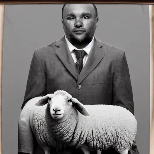 Image similar to photo hybrid of between an american man and a sheep.