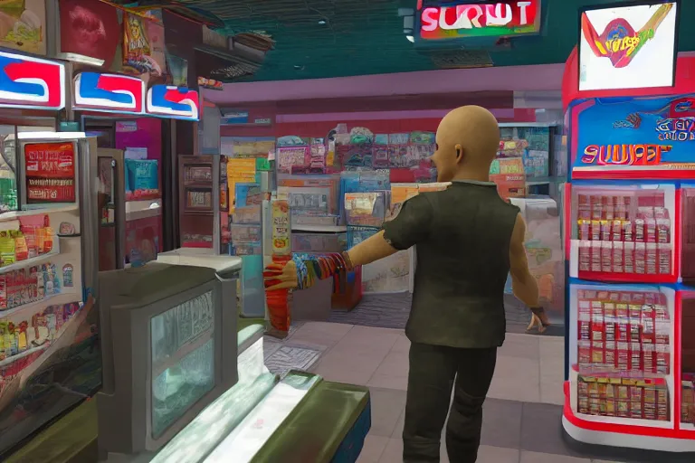 Image similar to agent 4 7 ordering a slurpee at 7 1 1, ps 5 god of war screenshot