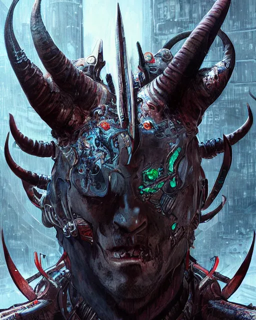 Image similar to a painting of a demon with large horns, cyberpunk art by Android Jones, zbrush central contest winner, fantasy art, apocalypse art, detailed painting, intricate