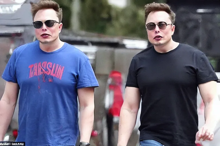 Prompt: elon musk as a dangerous gang member, wearing a blue head covering made from a polyester material and a stained white tank top, paparazzi, leaked footage, uncomfortable, bad quality