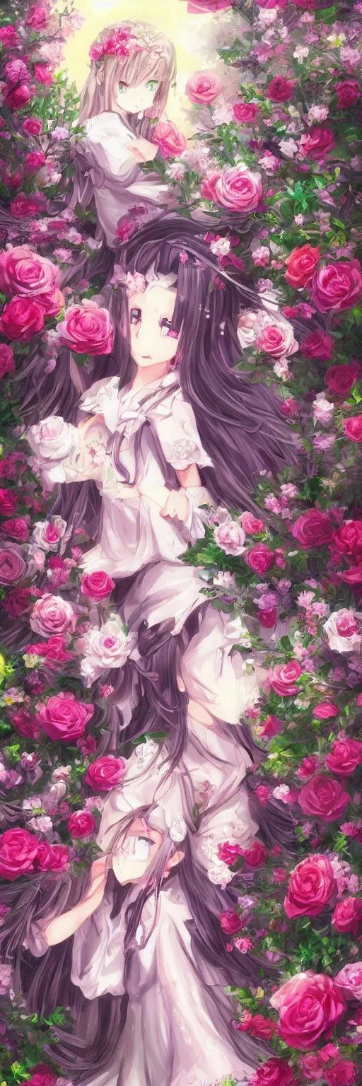 Image similar to Beautiful dream pictures, castle, roses, flowers,Very anime style, trending on art station