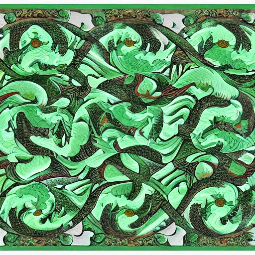 Prompt: green dragon surrounded by tessellation of rosebuds, by mc escher, fractal