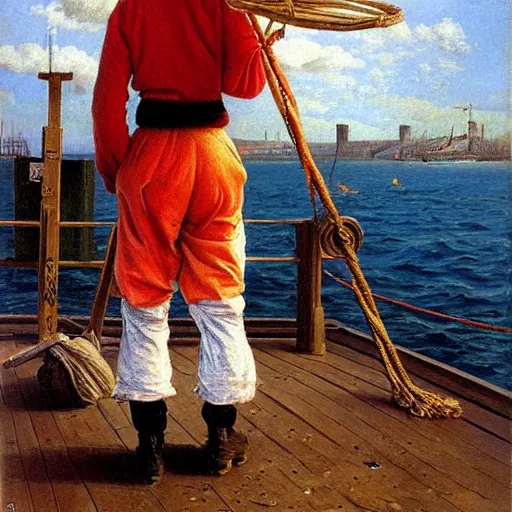 Image similar to painting of sailor boy hyperrealism vasily vereshchagin at harbor