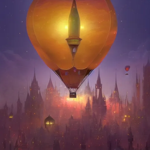 Prompt: a beautiful stunning fantasy whimsical matte digital illustration of a scene of a hot - air balloon powered by magic over a lit city at night by marc simonetti, pastel color palette, disney magic the gathering steampunk, chiaroscuro magical bokeh moon stars dramatic romantic epic breathtaking, trending on artstation hq, masterpiece