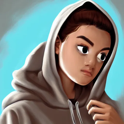 Image similar to young Latin girl with a beige hoodie, shy, focus on face, still, photograph, digital painting, trending on artstation, masterpiece, in the style of JB Casacop, disney