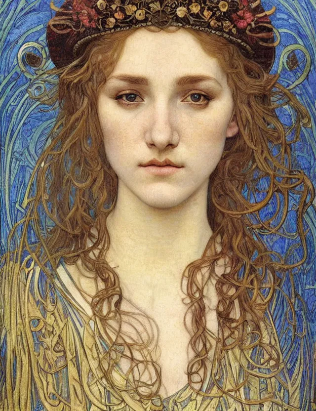 Image similar to detailed realistic beautiful young medieval queen face portrait by jean delville, alphonse mucha, vincent van gogh, and marco mazzoni, art nouveau, symbolist, visionary, gothic, pre - raphaelite