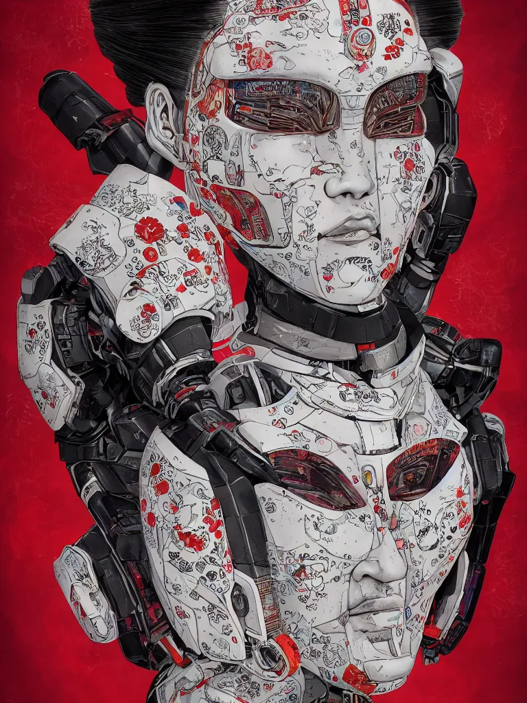 Image similar to an epic fantastic realism comic book style portrait painting of a japanese robotic : akira geisha with chinese pattern tattoos and decals, 云 雷 纹, 蟒 纹, inspired by the lord of ghost in the shell, octane render, intricate detail, 8 k hd, unreal engine 5, ex machina, irobot