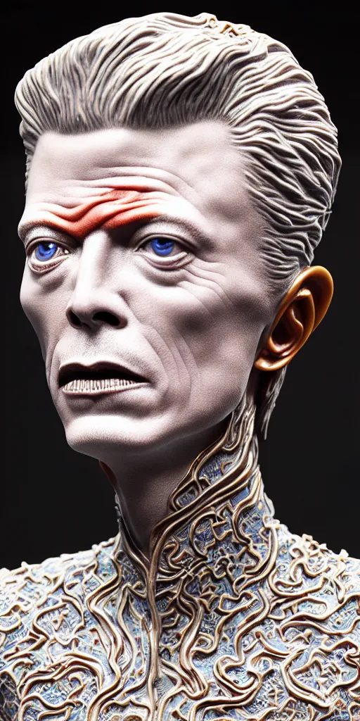 Image similar to David Bowie , A Close up photo-real delicate ceramic porcelain sculpture of a symmetrical ornate detailed in front of an intricate background by Victo Ngai and takato yamamoto, micro detail, backlit lighting, face in focus, subsurface scattering, translucent, thin porcelain, octane renderer, colorful, physically based rendering, japanese pottery, trending on cgsociety