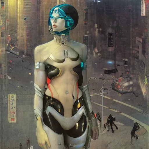 Prompt: cyborg woman in tokyo,, by Edgar Maxence and Ross Tran and Michael Whelan and Gustav Klimpt