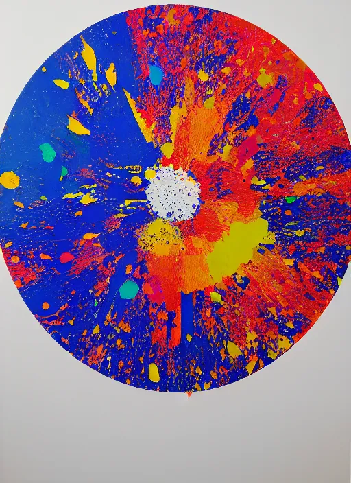 Image similar to Sunrise by Damien Hirst, paint knife strokes, mixed media, minimal paint splatter, hypermaximalist, photo realistic, 8k