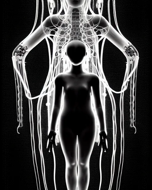 Image similar to black and white young cyborg-human-jellyfish-plant goddess high quality photo, microchip, artificial intelligence, bio-mechanical bio-luminescence, black wired cables, neurons, nerve cells, octane render, cinematic, rim light, hyper realism, photo-realistic, high detail, 8k, masterpiece, high fashion, in the style of Steven Meisel and Dora Maar and H.G. Giger