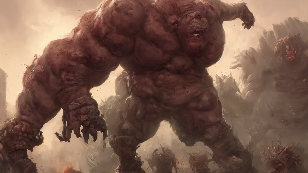 Image similar to a huge angry violent ogre stomps through a suburban neighborhood, people run, by yuumei, bayard wu, wlop, tim white, ross tran, 4 k