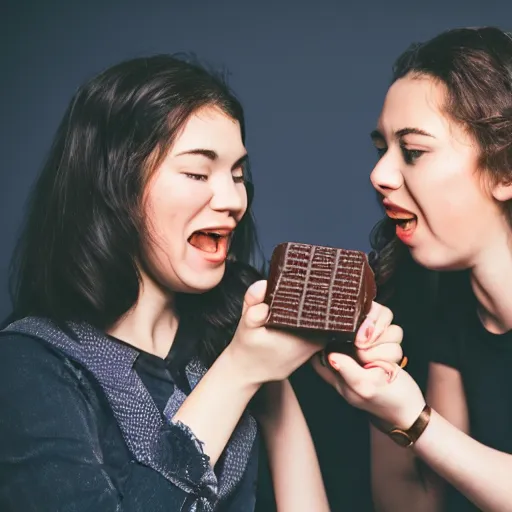 Prompt: two young women fighting over a cup of chocolate pudding, 4k, 35mm