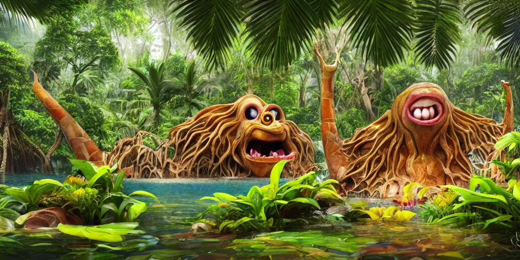 Image similar to of a tropical rainforest lake with strange cute friendly happy creatures with huge eyes, mouth, long tongue, round teeth and goofy face, appearing from the water, in the style of gehry and gaudi, macro lens, shallow depth of field, ultra detailed, digital painting, trending artstation, concept art, illustration, cinematic lighting, photorealism, epic, octane render