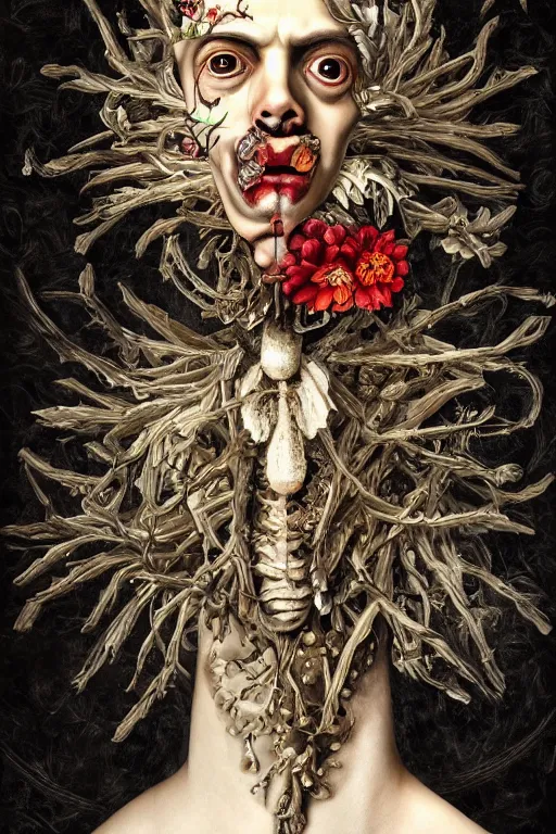 Image similar to Detailed maximalist portrait a Greek god with large lips and with large white eyes, exasperated expression, botany bones, HD mixed media collage, highly detailed and intricate, surreal illustration in the style of Caravaggio, dark art, baroque