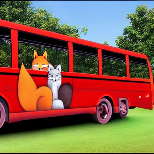 Prompt: anthropomorphic red fox driving bus