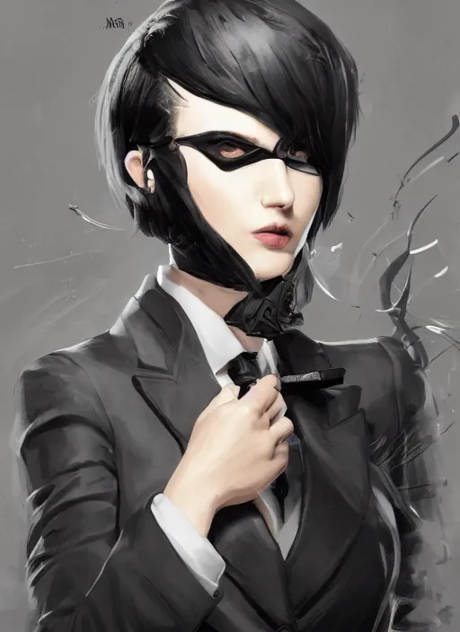 Image similar to a highly detailed illustration of short black haired woman wearing black eyepatch and noir style suit and tie, dramatic smoking pose, intricate, elegant, highly detailed, centered, digital painting, artstation, concept art, smooth, sharp focus, league of legends concept art, WLOP