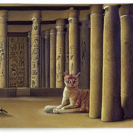 Prompt: a painting of an ancient egyptian temple in the shape of a cute cat by moebius