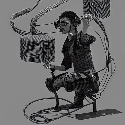 Image similar to rpg character concept art, modular synth musician patching cables, wires flying in the air, wearing a prototype ar headset, in the style of jamie hewlett hiroya oku riyoko ikeda, 3 d render, artstation trending, 8 k, octane render, photorealistic, sharp detail, manga, black and white
