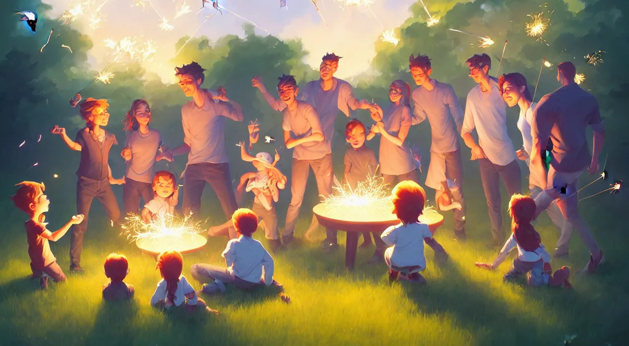 Image similar to family out in their back yard having a birthday party carrying sparklers, in marble incrusted of legends official fanart behance hd by Jesper Ejsing, by RHADS, Makoto Shinkai and Lois van baarle, ilya kuvshinov, rossdraws global illumination