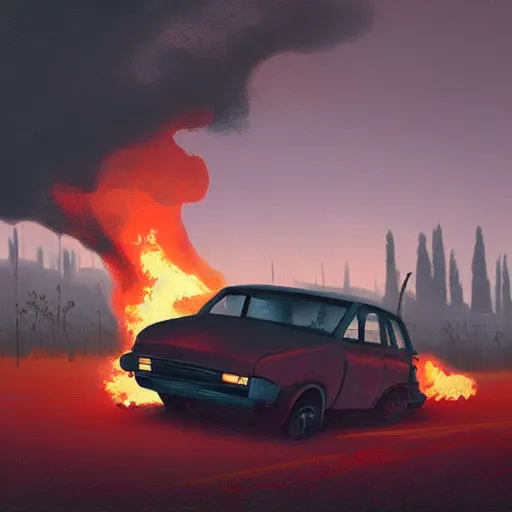 Prompt: the burnt frame of a car on fire on the side of the road in wither, by simon stalenhag