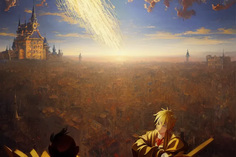 Image similar to baroque oil painting of anime key visual concept art of king addressing nation from balcony as artillery rains down from above, golden rays, fantasy european castle, trending on artstation, palette knife and brush strokes, oil on canvas, style of makoto shinkai greg rutkowski studio ghibli genshin impact