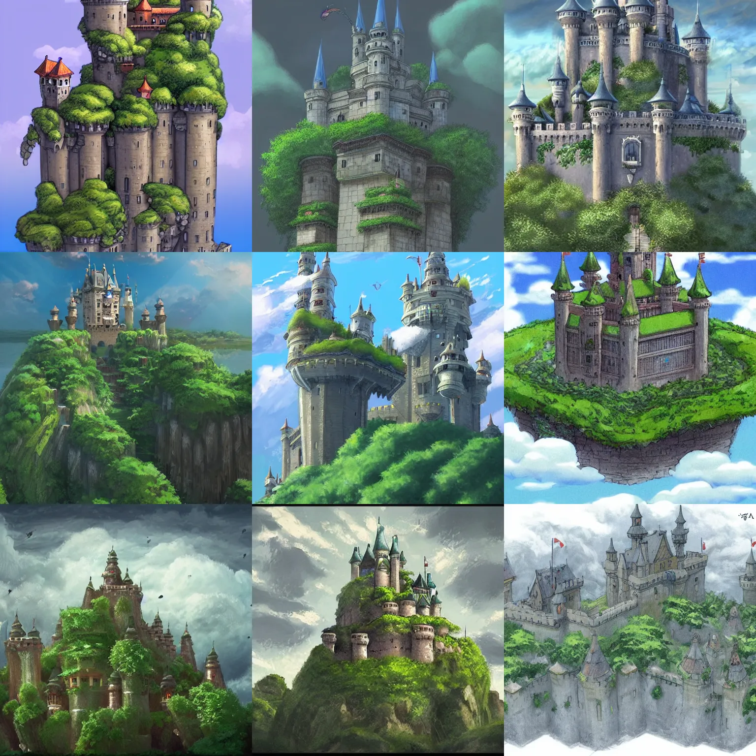 Prompt: Castle with a lot of greenery on its towers, on the island flying in clouds. Art by Hayao Miyazaki. concept art, artstation, intricate details