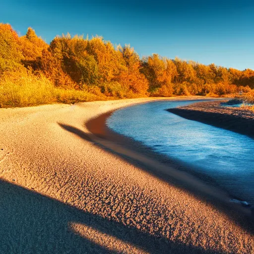 Prompt: photo of a sandy beach along a small clear river in autumn, blue sky with some clouds, beautiful lighting, bright colors, blurry shadows, award winning photography, national geographic