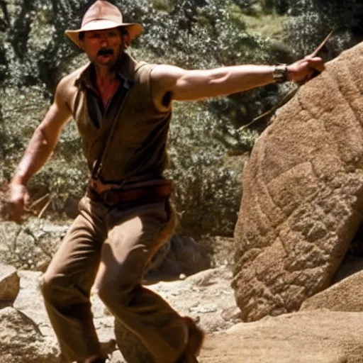 Prompt: Indiana Jones running from boulder trap in ancient temple movie scene