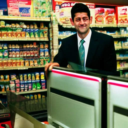 Image similar to Former House Speaker Paul Ryan minding the till at a 7/11. CineStill